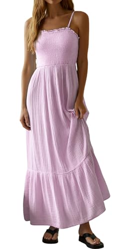 Image of R.Vivimos Womens Summer Boho Cotton Maxi Dress Adjustable Spaghetti Strap Elastic Smocked Casual Ruffle Hem Flowy Beach Dress