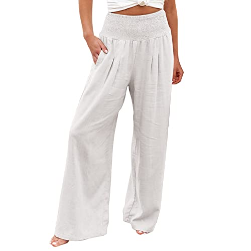 Women Summer High Waisted Cotton Linen Palazzo Pants Wide Leg Long Lounge Pant Trousers with Pocket