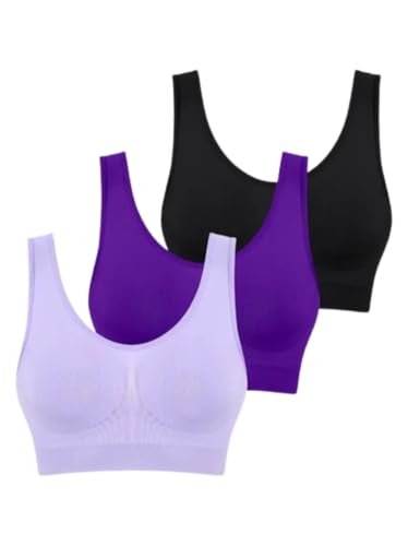 Boolavard - Conjunto de 3 Sujetadores sin Costuras para Mujer, Sujetador sin Aros, Top Corto, Sujetador Deportivo Suave (FR/ES, Letras, 3XL, Regular, Regular, Lila Púrpura Negro)