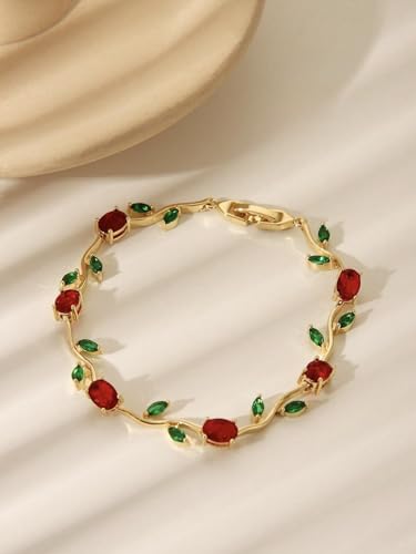 Image of Inites Fairy Bloom Floral Tulip Bracelet With Red Green Crystal Stones For Girls & Women | Elegant Anti Tarnish Golden Chain Link Floral Branches Bracelet Lightweight Jewelry For Daily Wear & Gifts