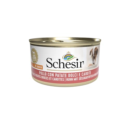 Schesir, Nassfutter für Erwachsene Hunde mit Huhn, Kartoffeln und Karotten, in weichem Gelee (24 Dosen à 85 g)