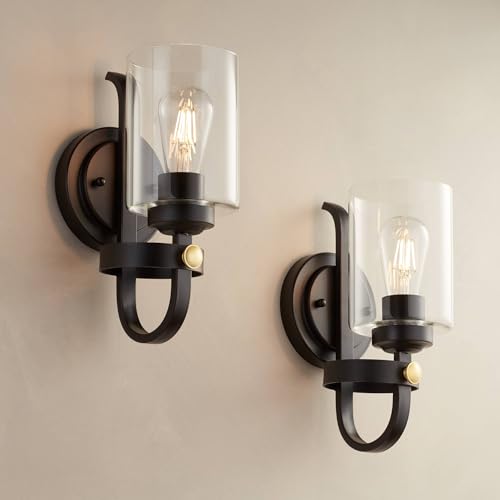 Image of Franklin Iron Works Eagleton Farmhouse Rustic Wall Light Sconces Set of 2 Oil Rubbed Bronze and Gold Hardwire 5 1 /2 inch LED Fixture Clear Glass Shades for Bedroom Bathroom Vanity Reading Living Room