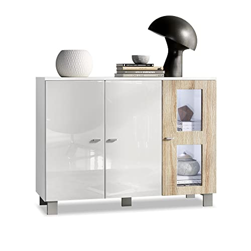 Vladon Sideboard Denjo, Made in Germany, Kommode mit 3 Türen, Weiß matt/Weiß Hochglanz/Eiche Sägegrau, inkl. LED-Beleuchtung (107 x 81 x 35 cm) Vladon Sideboard Denjo, Made in Germany, Kommode mit 3 Türen, Weiß matt/Weiß Hochglanz/Eiche Sägegrau, inkl. LED-Beleuchtung (107 x 81 x 35 cm)
