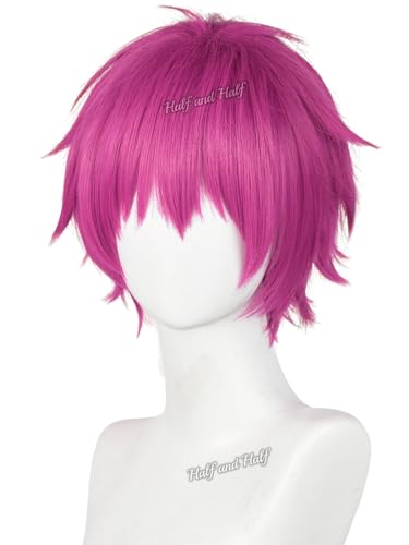 Image of Short Rose Red Anime Cosplay Wig for Men Pink Red Male Wigs with Bangs | Dark Pink Spiky Layered Synthetic Hair Wigs for Unisex Women Halloween Party Costumes