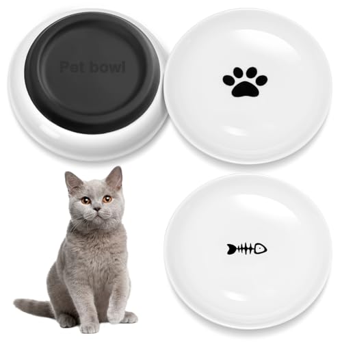 Otauoaea Katzennapf Keramik, 3 Stück Katzennapf Flach mit Rutschfestem Silikonboden, Futternapf für Katze, Rutschfester Fressnapf für Katze, Katzen Napf für Katzen und Kleine Hunde