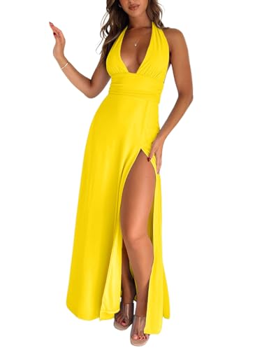 Image of Ekaliy Womens Sexy Halter Deep V Neck Maxi Dress Sleeveless Backless Split Long Dress