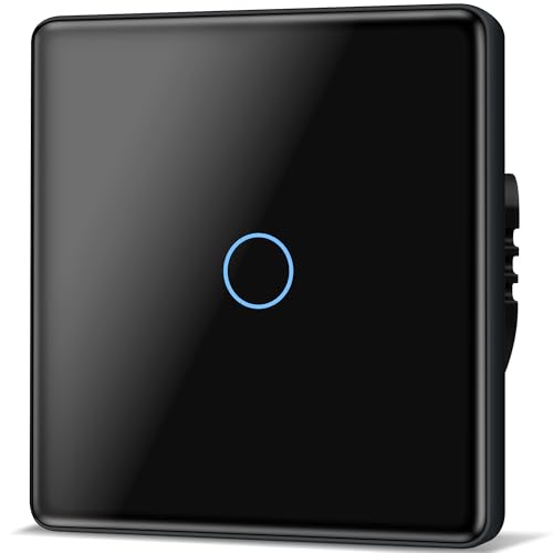 TAWOIA Touch Lichtschalter 1 Fach 1 Wege Unterputz Schalter mit 2.5D Curved Glas Platte 86 * 86mm Wandlichtschalter Schwarz