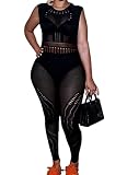 LovelyWholesale Women's Sexy See Through Sleeveless Bodycon Jumpsuit Hollow Out Rompers Black One Si