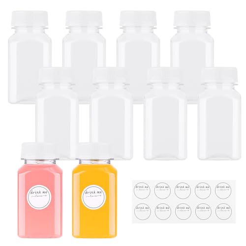 Yukaiwn Botellas de Zumo, 10 Botellas de Plástico de Zumo con Tapas, 150ML Tapas de Chupito Reutilizables Mini Recipientes de Bebidas para Nevera con Pegatinas para Batidos, Leche, Agua y Otras