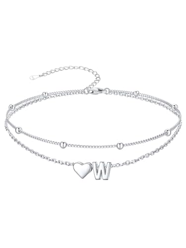 Image of SILVERCUTE Silver Anklets for Women, Waterproof Initial Heart Ankle Bracelets Sterling Silver, Adjustable Layered Foot Jewelry Summer Beach Fashion with Personalized Name Design, Gift Package