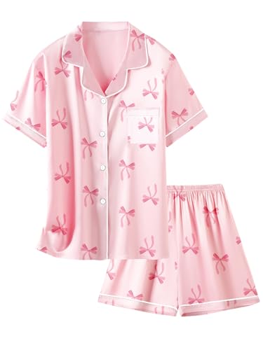 Image of Schbbbta Girls Womens Pajamas, Satin Silky Pjs Set Kids 2Pcs Button-Down Nightwear Sleepwear Gift for Mommy and me