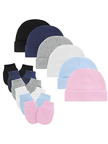 Image of Century Star Baby Hats and Mittens Set Knit Baby Beanie Newborn Hospital Hat for Boys Girls Cute Cozy Winter Infant Hat 6Pcs Black&White&Grey&Pink&Navy&Blue 0-6 Months