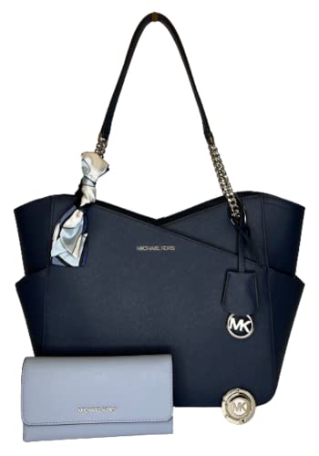 MICHAEL Michael Kors Jet Set Travel Large Chain Shoulder Tote bundled with Travel Trifold Wallet, Michael Kors Purse Hook, and Skinny Scarf (Navy/Pale Blue)