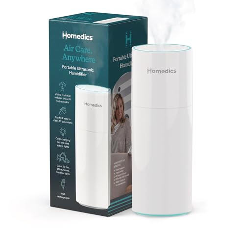 Image of Homedics Portable Humidifier - Small Ultrasonic Cool Mist Humidifier for Bedroom, Desk & Travel, Mini Personal Humidifier, 7.7 oz Tank, Auto Shutoff, Night Light, Rechargeable (Gloss White)