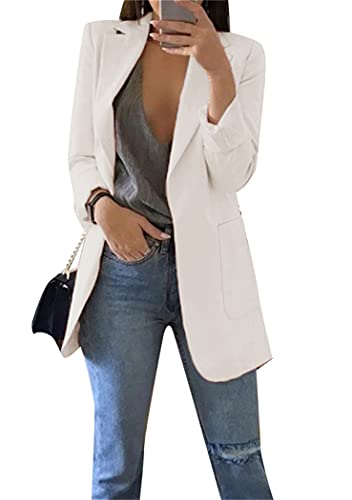 OMZIN Damen Revers Tasche Knopf Arbeit Büro Blazer Jacke Anzug Langarm Solide Casual Blazer Formaler Slim Büroanzug Weiß 4XL