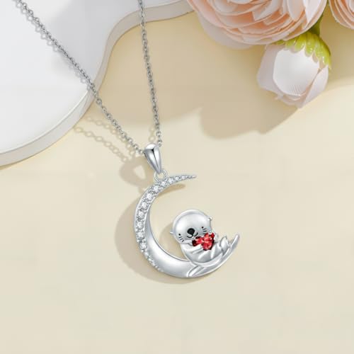 Image of PROESS Animal Birthstone Necklace 925 Sterling Silver Otter /Axolotl /Hippo /Elephant /Dachshund /Monkey /Red Panda Pendant Necklace Animal Birthstone Jewelry Gifts for Women