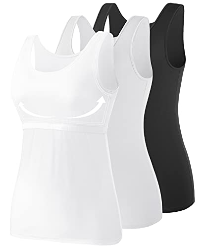 Image of AMVELOP Tank Tops for Women Built in Bra Cotton Shelf Bra Tanks Layering Undershirts 2-3 Pack