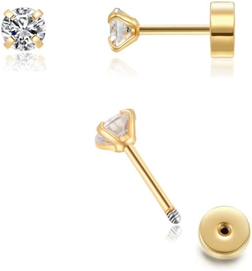 Flat Screw Back CZ Stud Earrings,Small Flat Back Cubic Zirconia Stud Earrings for Helix Cartilage Tragus Earlobe Piercing for Women,2mm CZ 3mm CZ 4mm CZ Gold Color