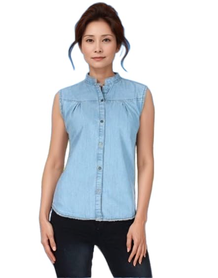 Sleeveless Denim Shirt Top, Light Blue, Collared Button-Down-picture-48