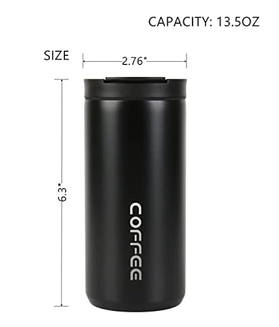 Vacuum Insulated Travel Mug with Leak Proof Screw Lid - Keeps Coffee or Tea Hot/Cold - 13.5oz/400ml (Black)