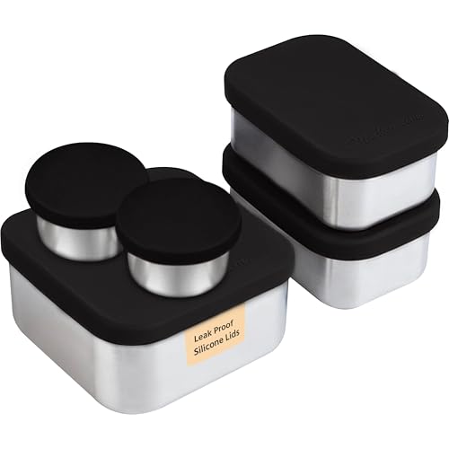 Flexibento - Leak proof Stainless Steel Bento Box | Stainless steel Snack Containers | Food Containers with Silicone Lids | Metal Food Containers| Bentobox - Black, 52 Oz Set (set of 5)
