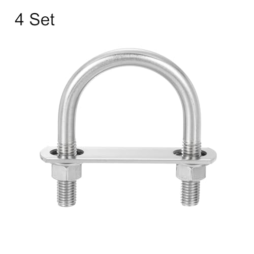 Image of uxcell Round U-Bolts, 4 Sets 63mm(2.48 inch) Inner Width 96mm Length M12 304 Stainless Steel U Clamp Bolt with Nuts and Plates, for Boat Trailer
