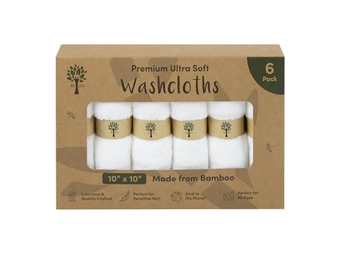 Bamboo Face Cloths - (6 Pack) Bamboo Face Cloth - 10" x 10" Soft Face Wash Cloth Flannels for Washing Face, Skin Sensitive, Makeup Removal, Premium, Adult, Body, Babies, Kids, Baby Gift