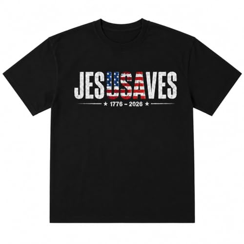 Purrgru Jesus Saves T-Shirt, America 250 Christian Patriotic USA Flag Graphic Tee (Large)