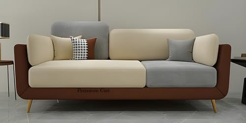 Image of Velvet Contemperory Sofa with Cushion Chaise Lounge Sectional Sofa Perfect for Living Room & Bedroom Guests Home & Office (Brown & Beige & Grey, Three Seater)