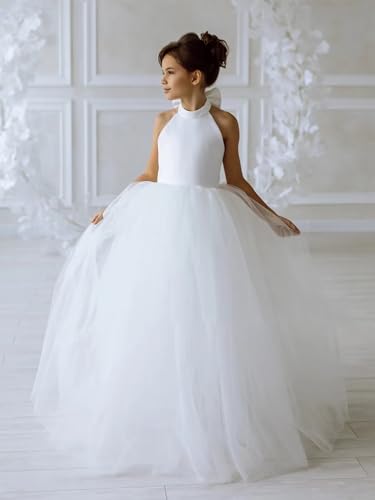 Tulle Flower Girl Dress for Wedding Kids Halter Sleeveless Satin Bowknot Long Princess Pageant Prom Party Ball Gowns2