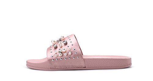 Mila Lady Womens Pearl Slides Sandals Slipper for Indoor Outdoor Beach Casual Shoes, Sandy Pink 8