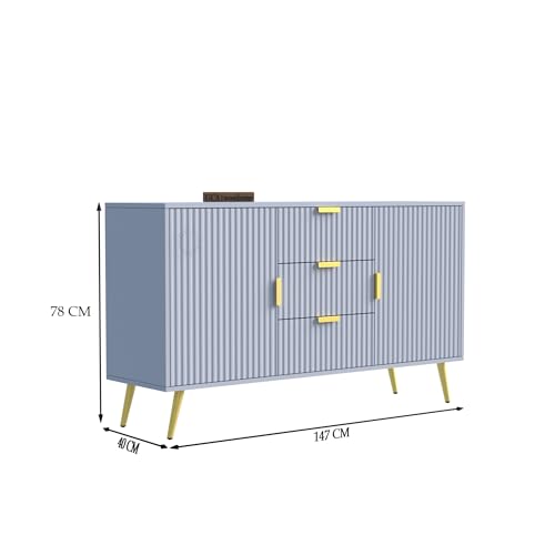 Image of Wooden Sideboard Cabinet for Living Room | Side Board with 3 Drawers & 2 Doors Cabinet Storage for Dining, Drawing and Home Office | HDMR Premium Wood & Iron(Grey & Golden)