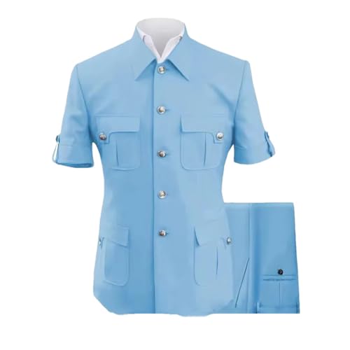 Men Short Sleeve Blazer with Four Pocket and Pants Two Piece Wedding Groom Events Formal Suit