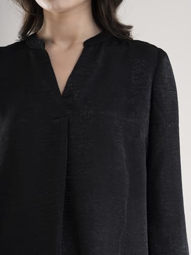 Image of FableStreet Women Shirt Work & Casual | Relaxed Fit Mandarin V-Neck Three-Quarter Sleeves Solid Pattern | Breathable Woven Fabric for Office & Everyday Wear