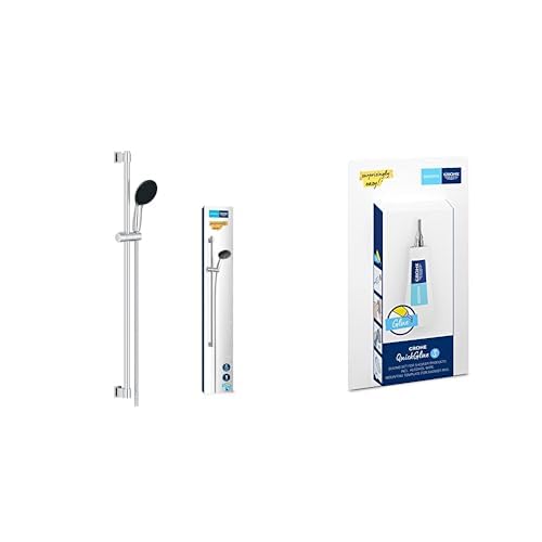 GROHE Vitalio Start 110 + QuickGlue S - Set de ducha (Ducha de mano redonda de 11cm, 1 rociador, Sistema Antical, Manguera de Ducha 1,75m, Barra 90cm, Water Saving),Fácil de Instalar, Cromo, 26953001