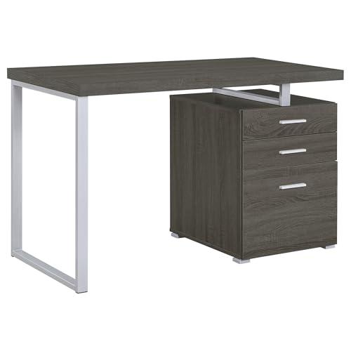 Coaster Home Furnishings Brennan Modern Contemporary Home Office 3-Drawer Writing Desk with Drawers Computer Desk Study Table File Cabinet Storage Silver Metal Frame Weathered Grey 800520