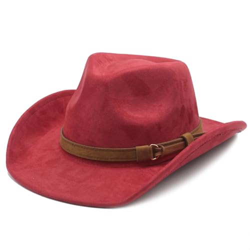 Image of Unisex Western Suede Cowboy Cowgirl Hat Classic Wide Brim Fedora Hat for Men &Women