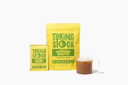 Taking Stock Prebiotic Sipping Broth, 8g Protein, Spring Herb Flavor Chicken Bone Broth Powder 8 Pack