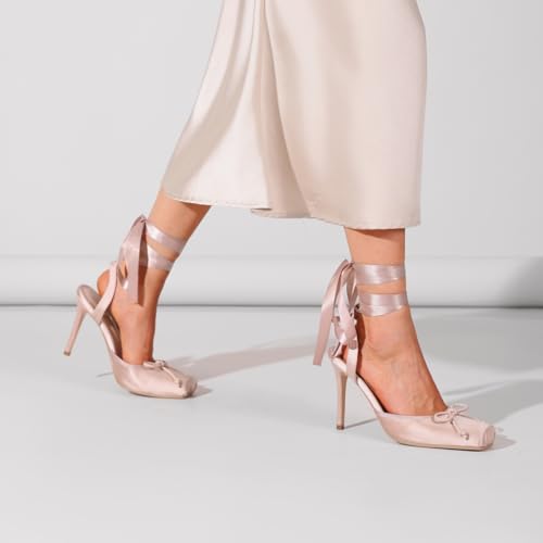 FancyQueen Ballet Heels for Women Stiletto Slingback Heels Satin Strappy Bow Square Toe High Heel Pumps Lace Up Mary Janes Elegant Party Shoes4