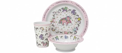 Kids 3 Piece Dinnerware Set – Plate, Bowl & Beaker Bundle – Children’s Mealtime Set – Dinosaur, Unicorn or Vehicle Design – Reusable Lightweight Kids Tableware HTUK (Unicorn Breaker+Bowl+Plate)