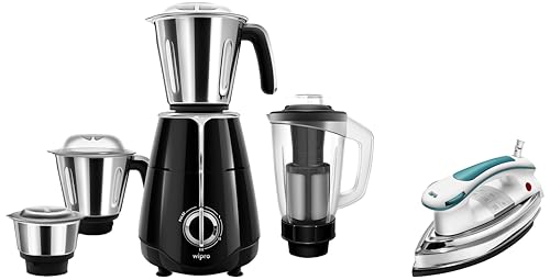 Image of wipro Elato 1000 Watt, 100% Copper Motor, Mixer Grinder With 4 Jar, Black + Wipro Elato GD 203 Heavy Weight Electric Dry Iron Box, 1200 Watt, Blue (Build Your Home Kit(BYHK))