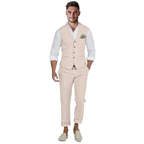 Mens Linen Suit 2 Piece Slim Fit Suits for Men Casual Summer Beach Wedding Suits Linen Outfit Vest Pants Set