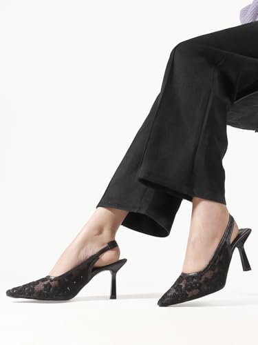 Image of TRYME Women's Floral Embroidered Mesh Mules Style Pointed Toe Slingback Stilettos Heel Sandals