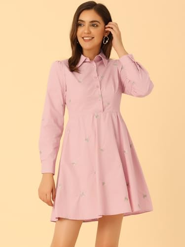 Image of Allegra K Women's Shirt Dress A Line Embroidered Floral Mini Dresses | Casual, Collar, Long Sleeve, Button Down, Half Placket, Invisible Zipper, Knee Length