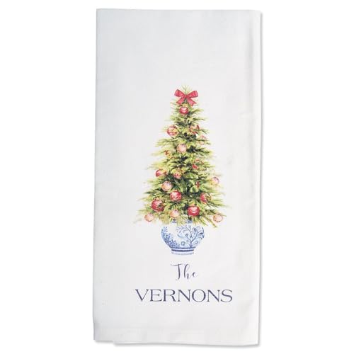 Lillian Vernon Christmas Tree and Topiary Personalized Kitchen Towels Pack - Set of 2, Cotton, 6 1/2 x 14