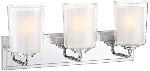 Image of Possini Euro Design Mabelle Modern Wall Light Chrome Silver Hardwired 22 1 /2 inch Wide 3-Light Fixture Mounted Clear Seedy Outer Frosted Glass Inner Bathroom Vanity Mirror House Home Hallway Room Decor