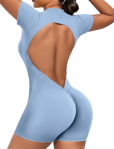 SEASUM Short Sleeve Zip Up Workout Jumpsuit Backless Romper Sky Blue M