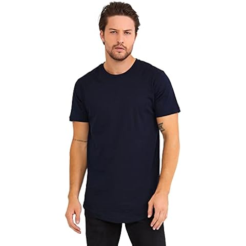 Kandor Mens Longline Plain T-Shirt, Shortsleeves Tall Tee, Crew Neck, 100% Cotton Tee Top with Curved Hem(L,Navy Blue) Cover