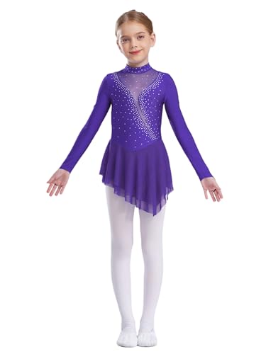 inlzdz Vestido Patinaje Artistico Niña Maillot De Ballet Danza Manga Larga Vestido con Lentejuelas Disfraz De Bailarina Competición Morado 7-8 años