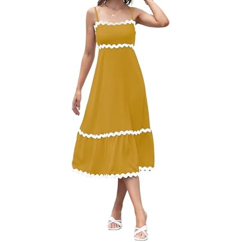 Binval 2024 Women's RIC Rac Dress Summer Spaghetti Straps Sleeveless Backless Sundress Smocked Lace Swing a Line Dress Midi Dress Ginger S Cover
